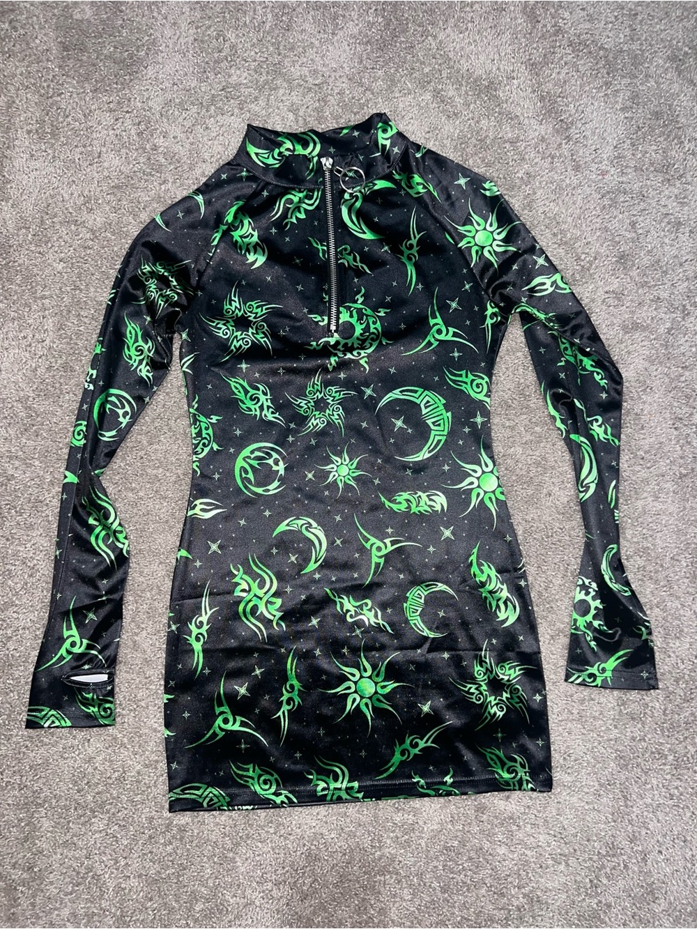 Dolls Kill Black & Neon Green Celestial Long Sleeve Mini Dress